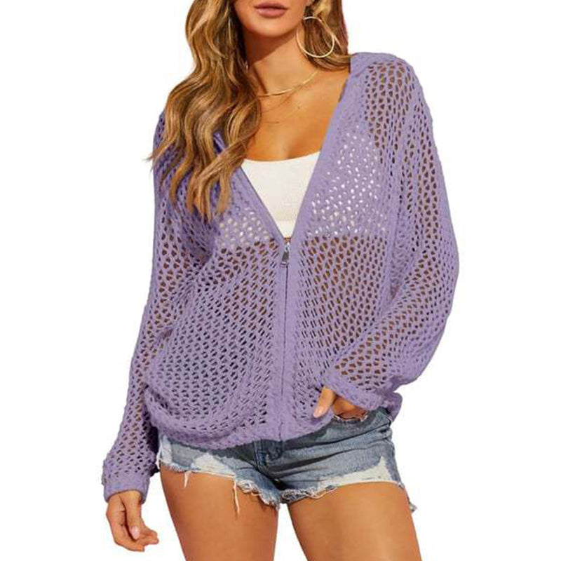 Women's Open-Knit Zip-Up Cardigan