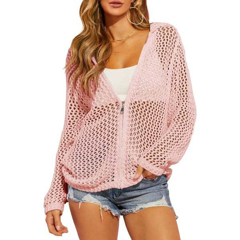 Women's Open-Knit Zip-Up Cardigan