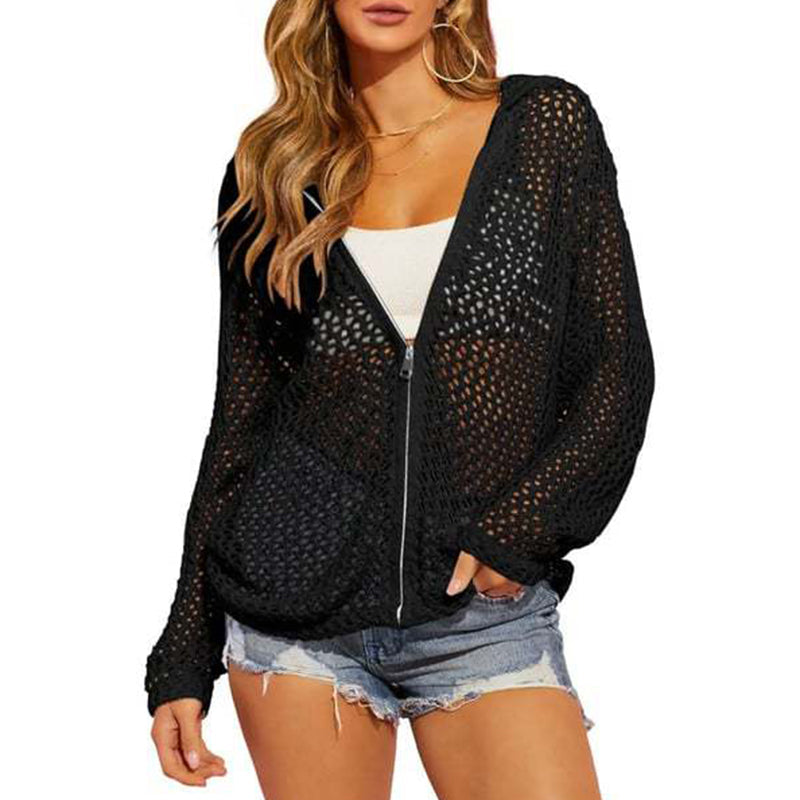 Women's Open-Knit Zip-Up Cardigan