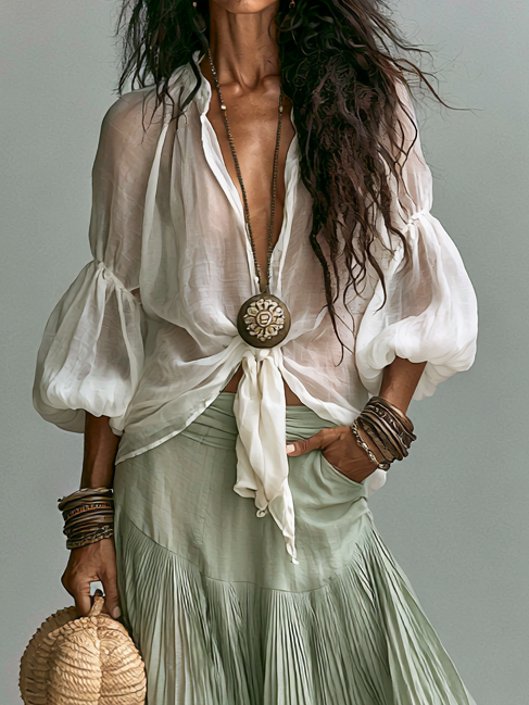 Lantern-Sleeve Shirt and Ruffled Skirt Bohemian Two-Piece Set