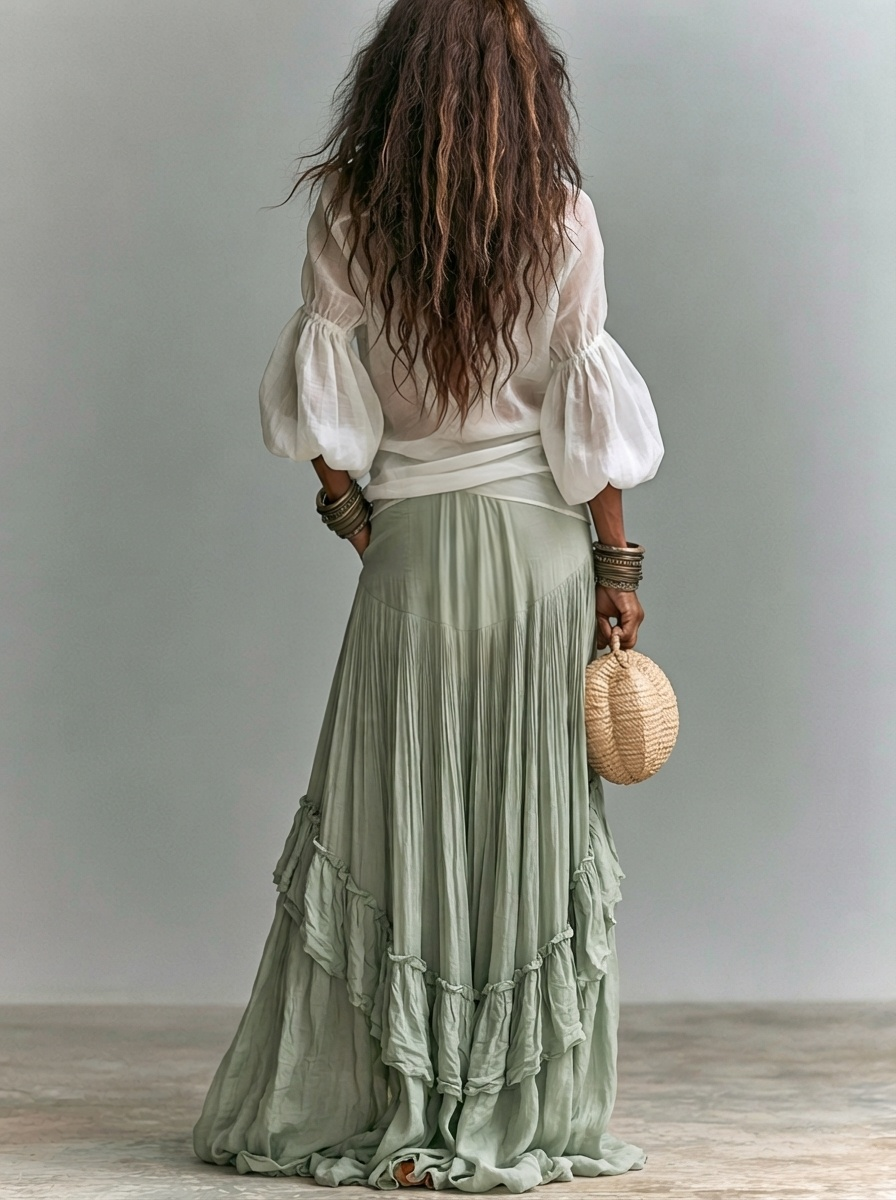 Lantern-Sleeve Shirt and Ruffled Skirt Bohemian Two-Piece Set