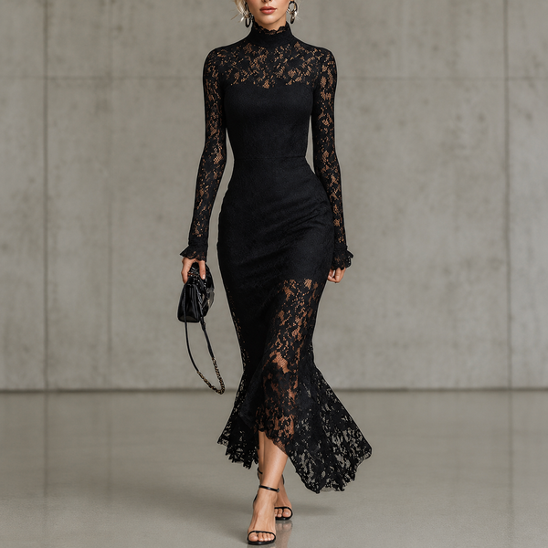 Arabella | Black lace evening dress with mock neck and long sleeves